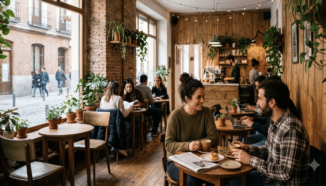 Warmly lit cafe full of customers