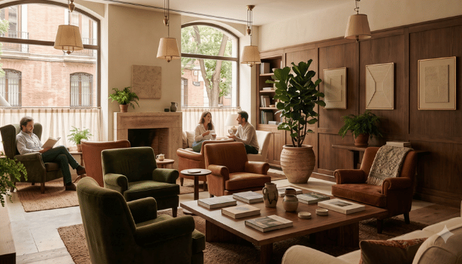 Warm, elegant hotel lobby