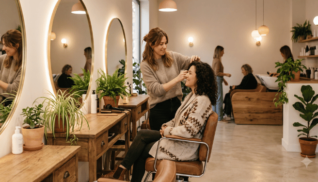 Hair salon interior with stylist and customer